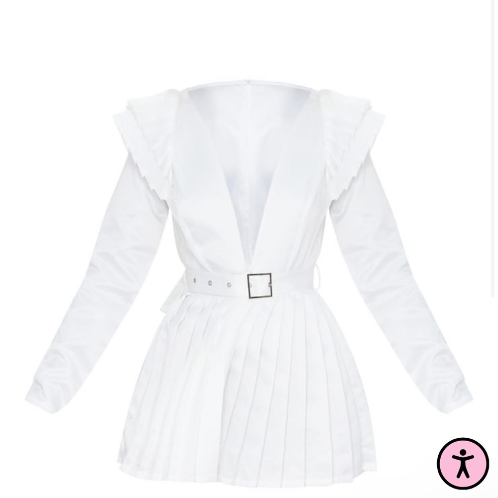 White Bonded Satin Plunge Pleated Detail Romper